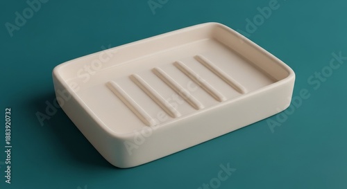 A light beige soap dish rests on a teal surface featuring four raised bars inside Its smooth rounded edges create a clean minimalist aesthetic