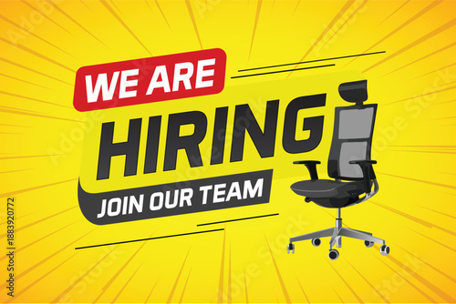 Hiring recruHiring recruitment design for banner poster. We are hiring join our now lettering with chair icon logo sign Vector illustration typographic. Open vacancy template

