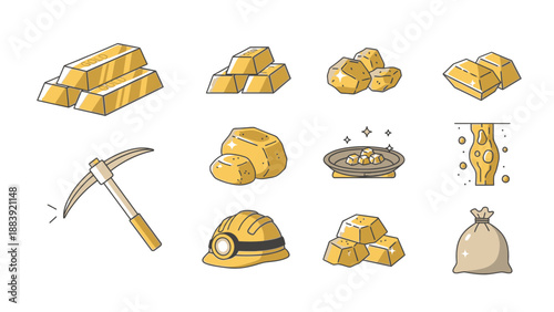 Golden treasures and mining tools on white background