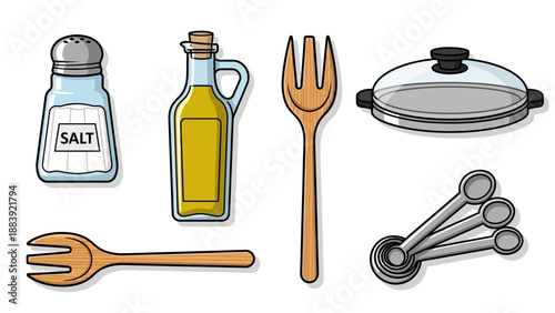 A collection of kitchen utensils and condiments on a white background