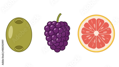 A colorful illustration of fresh fruits including an olive, grapes, and grapefruit
