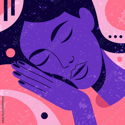 Woman resting with eyes closed, hand on cheek in a serene, abstract environment from a close-up viewpoint