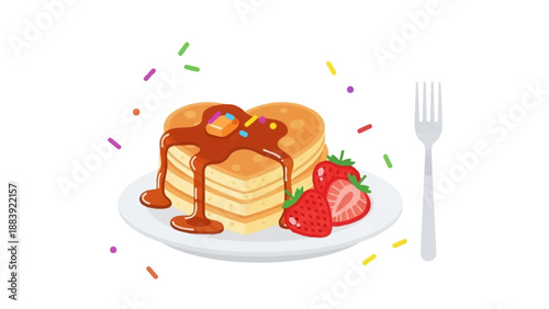 A delicious stack of pancakes with strawberries and syrup on a plate with a fork