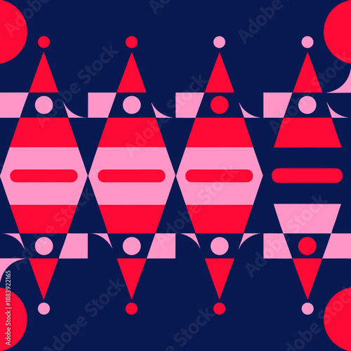 Geometric pattern featuring abstract shapes and designs in red and pink hues on a dark blue background