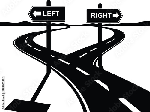 Road diverges into two paths with left and right directional signs on highway road forks in different directions