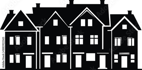 Row of houses with gabled roofs and chimneys, black silhouette on white background, simple iconic design, residential architecture illustration