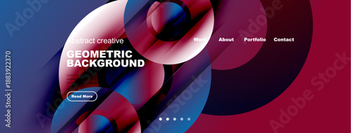 Abstract geometric background design. Vivid colors, flowing shapes, website header elements present. Modern aesthetic, dynamic composition.