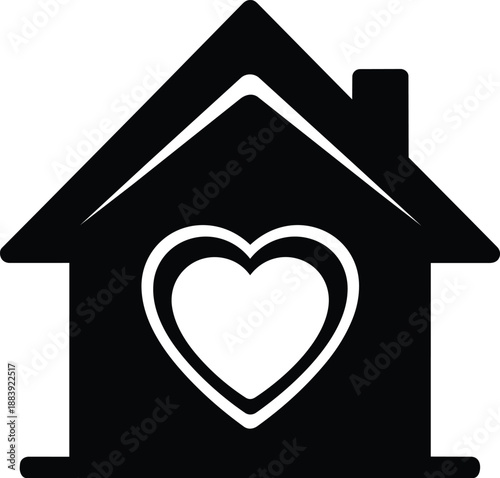 Black house icon with heart symbol inside, representing love for home sweet home