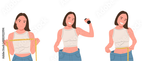 Woman showing weight loss and fitness progress, measuring waist with tape and holding dumbbell, healthy lifestyle and body transformation concept, flat cartoon illustration isolated on white.