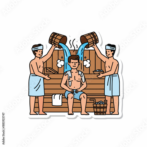 A man sitting while two other men pour water