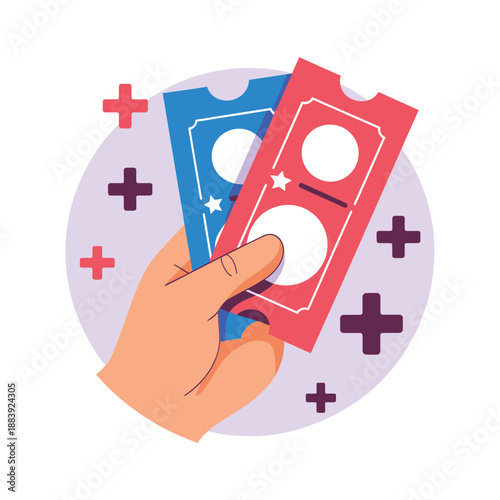 Hand holding event tickets with plus signs in a circular design