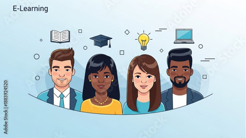 Diverse group of people engaged in online education and learning.