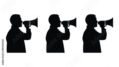 Silhouettes of people using megaphones isolated on white background, Vector