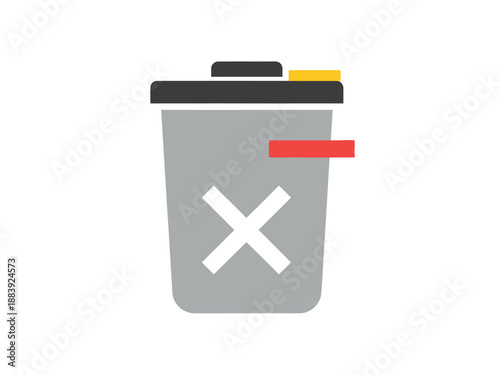 Modern flat design icon illustrating a garbage bin with an X symbol, representing the action of deleting, removing, or discarding unwanted items or digital data