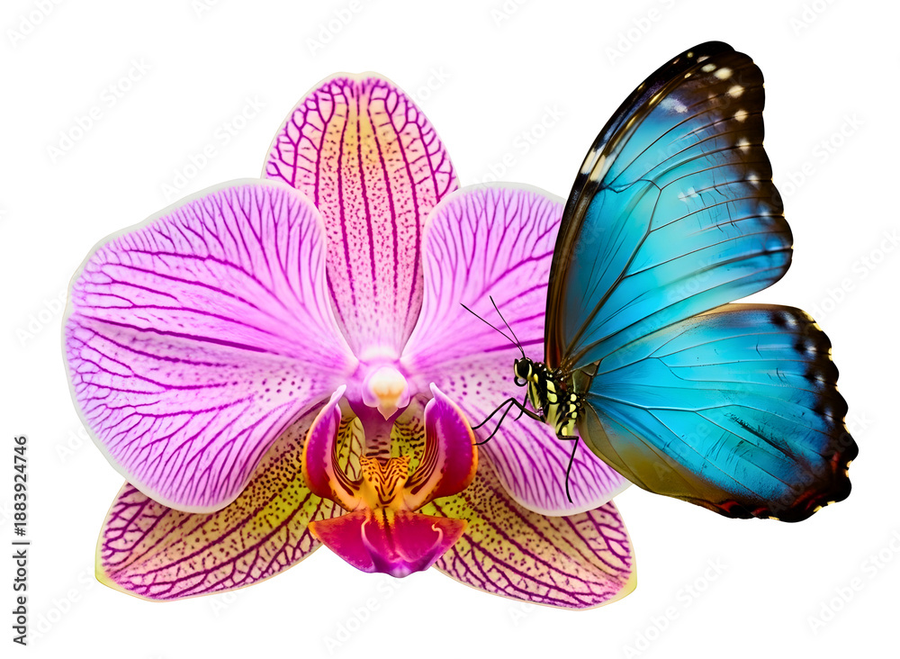 Fototapeta premium Blue butterfly and orchid flower isolated on transparent background