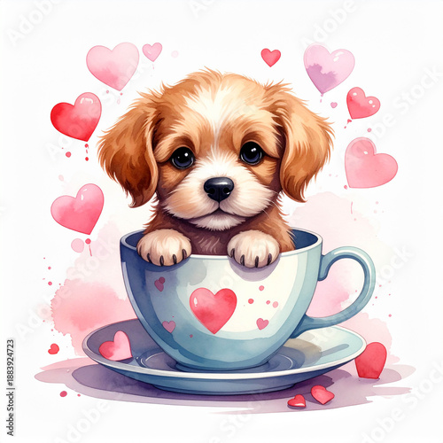Cute Puppy in Teacup with Hearts