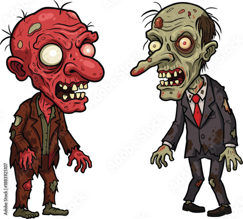 Cartoon zombie characters, funny undead illustration, Halloween horror artwork, creepy monster drawing, spooky grotesque figures, scary costume design, comic style