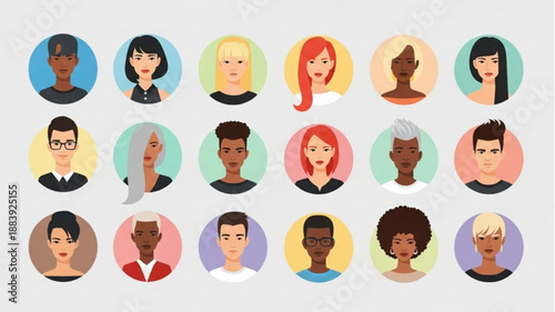 Diverse Group of People Avatars in Circles.