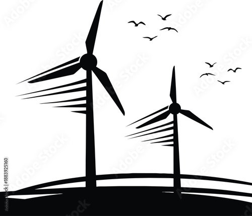 Wind turbines generating clean energy with flying birds