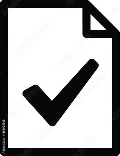 Check mark icon on a document, symbolizing confirmation and approval in a simple black and white design