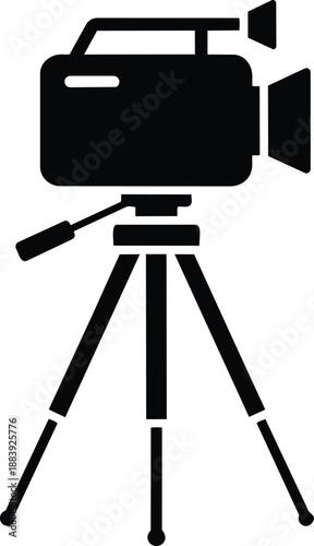 Black video camera icon on tripod, recording equipment symbol