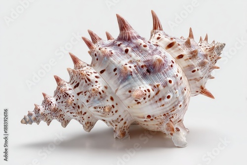 Close-up of a spiky, spiral-shaped sea shell on a clean white background