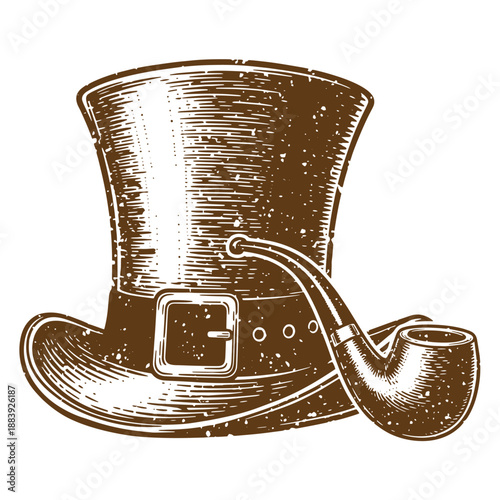 Drawing Vintage grunge  texture Brown top hat with buckle and smoking pipe on white background