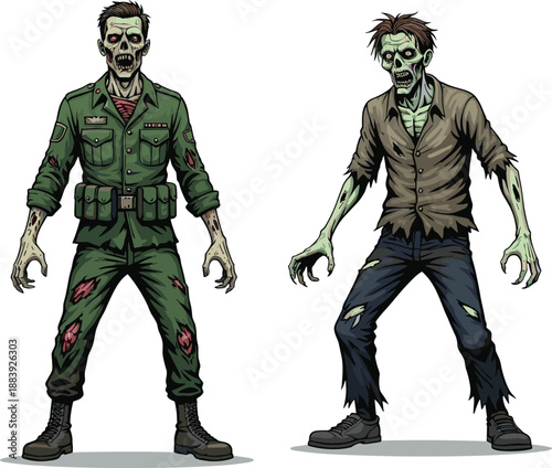 Cartoon zombie characters, military undead, horror illustration, spooky duo, Halloween monsters, creepy art, decayed figures, scary design, stock image