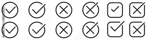 Checkmark cross symbols. Checkbox false wrong icons set. Vote checkmark, cross icons, symbols set. Vector icons stock illustration