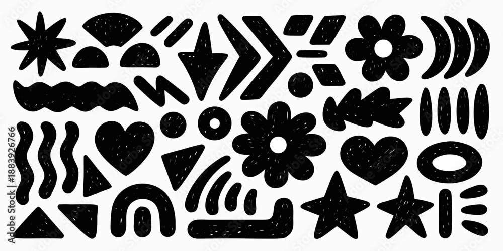 Fototapeta premium Abstract black shapes and doodles arranged in a chaotic playful composition