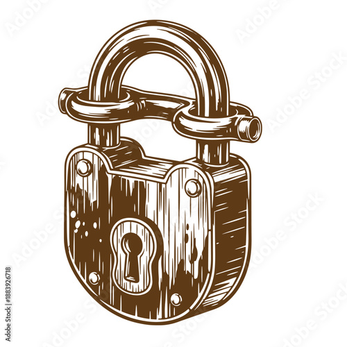 Drawing Vintage grunge  texture Brown vintage padlock with keyhole and shackle isolated on white