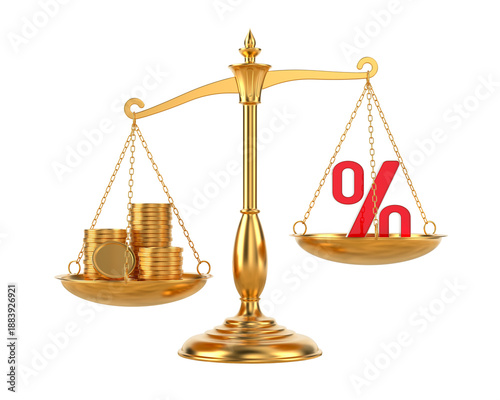 Percent and money on scale. Isolated 3D illustration on white background
