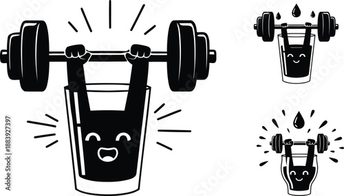 Funny cartoon glass character lifting heavy barbell weights with strong muscles and happy facial expression vector illustration.