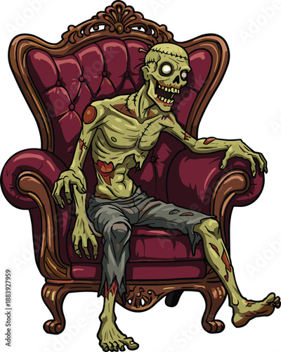 Cartoon zombie sitting on luxury armchair, horror character, undead monster, grotesque design, creepy illustration, scary art, stock image
