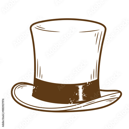 Drawing Vintage grunge  texture top hat with brown band and brim on white background