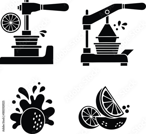 Set of manual citrus fruit juicer press machine icons with fresh lemon slices and juice splashes vector illustration isolated on white.