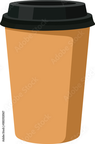 Brown disposable coffee cup with black lid on white background