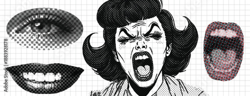 retro cartoon Pop Art Halftone Screaming anger Woman and Facial Elements with comic style, vintage comic style frustration woman shouting paper cutouts vector illustration with halftone dot lips
