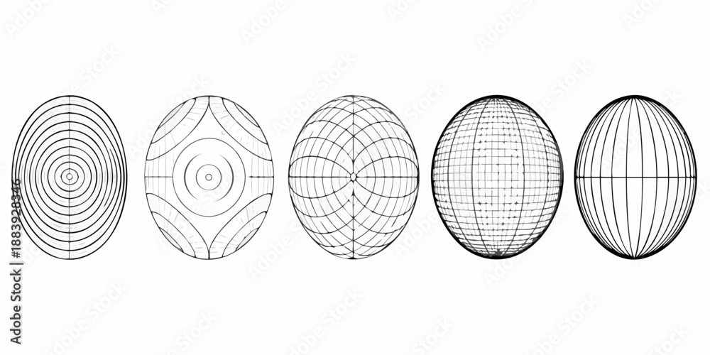 Φωτογραφία A sequence of five ellipsoids with varying internal line patterns depicted