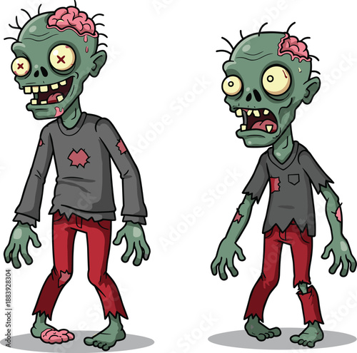 Cartoon zombies, creepy undead monsters, exposed brain characters, scary horror illustration, spooky Halloween design, grotesque comic artwork, green skin creatures, tattered clothing