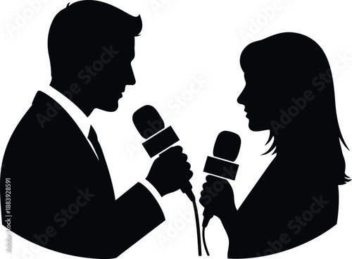 Silhouette of man and woman holding microphones, discussing news or interview