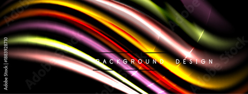 Abstract colorful waves flow across black space. Bright lines create dynamic, modern visual effect. Smooth curves suggest movement, energy.