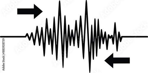 Sound wave pattern with arrows on white background, audio signal graph