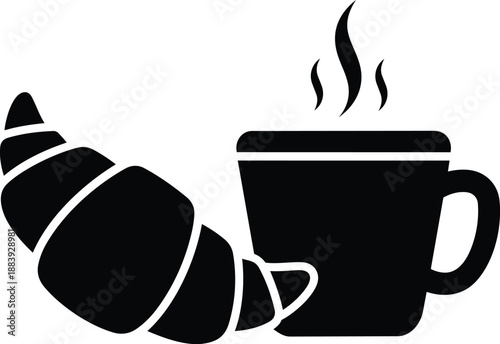 Black silhouette of steaming coffee cup with croissant, breakfast icon