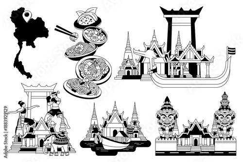 black and white Illustrations of icon items about Thailand temple