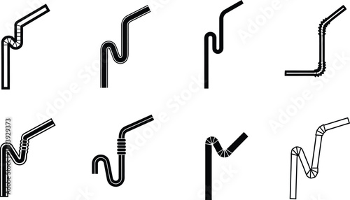 Vector collection of drinking straws featuring different bent and flexible shapes in black and white style.