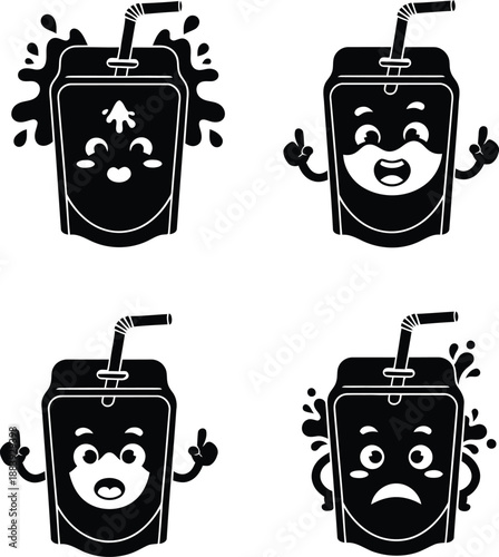 Set of cartoon juice boxes with straws and splashes showing emotions like happy sad and surprised in black and white vector style.