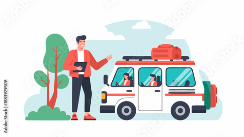 Vector illustration of a happy man pointing to a car with luggage, symbolizing travel and adventure