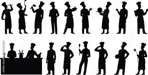 Chef silhouette collection, cooking poses, kitchen staff illustrations, professional chefs with utensils, food preparation, culinary concept for design elements