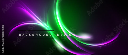 Abstract design features vibrant curves, glowing lines. Purple, green hues dominate dark background. Modern aesthetic, dynamic composition.